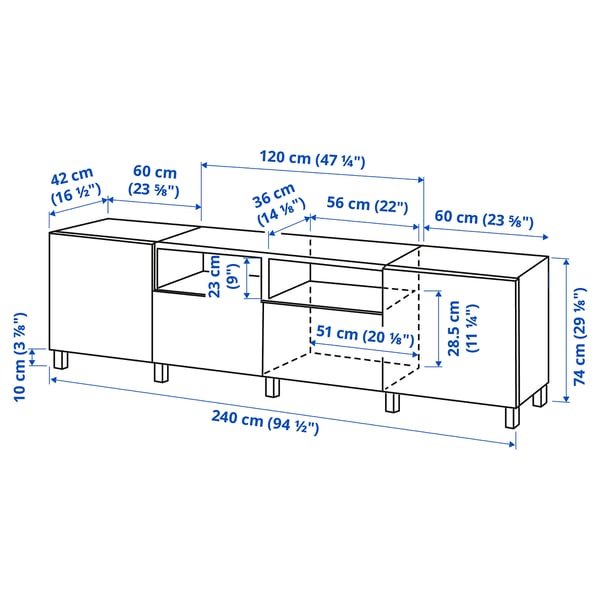 BESTÅ TV bench with doors and drawers, white/Kallviken/Stubbarp light grey, 240x42x74 cm