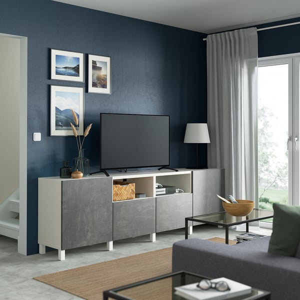 BESTÅ TV bench with doors and drawers, white/Kallviken/Stubbarp dark grey, 240x42x74 cm
