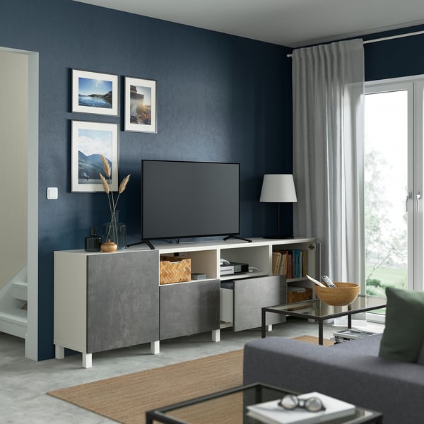 BESTÅ TV bench with doors and drawers, white/Kallviken/Stubbarp dark grey, 240x42x74 cm