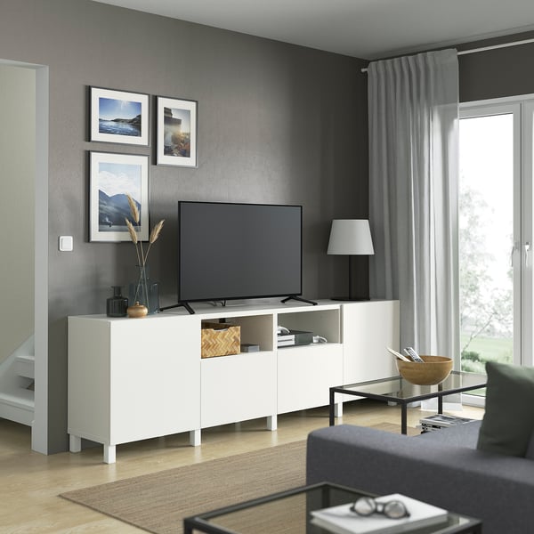 BESTÅ TV bench with doors and drawers, Depth: 42 cmHeight: 74 cmMaximum load/drawer: 10 kgWidth: 240 cmMaximum load/shelf: 20 kgDrawer width (internal): 51 cmDrawer depth (internal): 32.5 cmMaximum TV weight: 16 kg