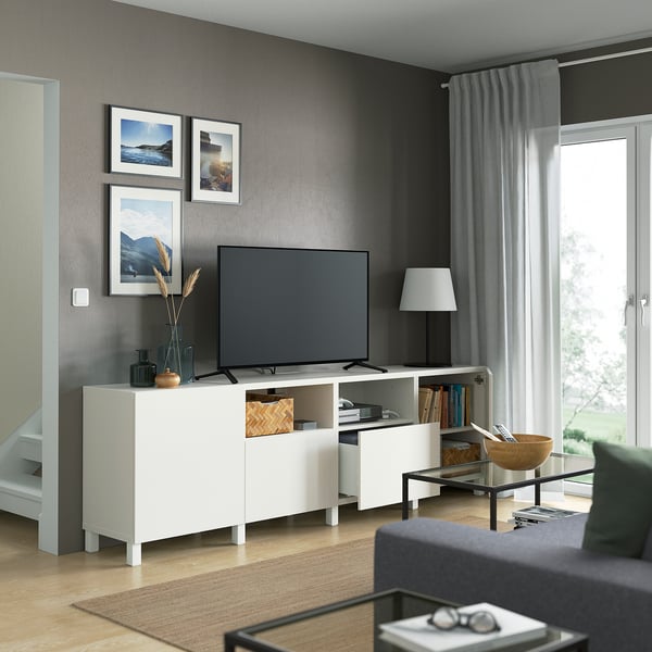 BESTÅ TV bench with doors and drawers, Depth: 42 cmHeight: 74 cmMaximum load/drawer: 10 kgWidth: 240 cmMaximum load/shelf: 20 kgDrawer width (internal): 51 cmDrawer depth (internal): 32.5 cmMaximum TV weight: 16 kg