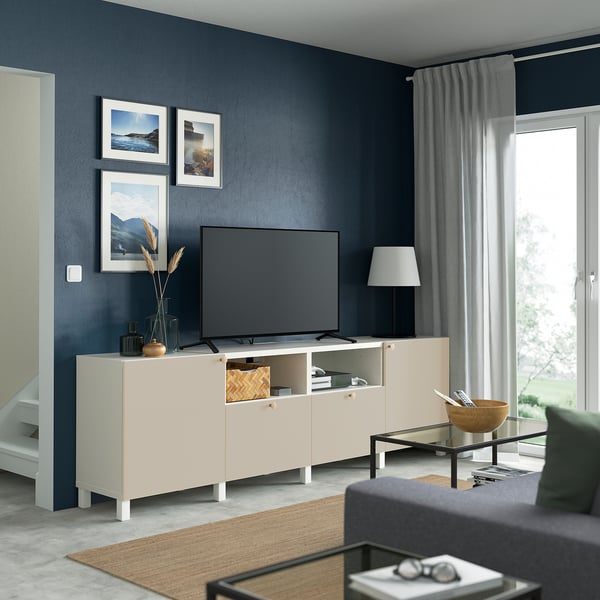 BESTÅ - BESTÅ TV bench with doors and drawers, white/Lappviken/Stubbarp light grey/beige, 240x42x74 cm