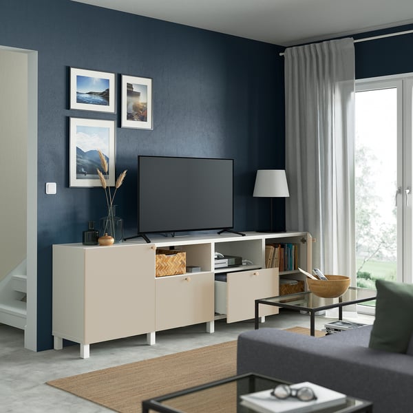 BESTÅ - BESTÅ TV bench with doors and drawers, white/Lappviken/Stubbarp light grey/beige, 240x42x74 cm