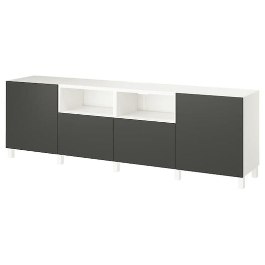 Ikea BESTÅ - TV bench with doors and drawers, white/Lappviken/Stubbarp dark grey, 240x42x74 cm