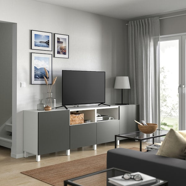 BESTÅ - TV bench with doors and drawers, white/Lappviken/Stubbarp dark grey, 240x42x74 cm