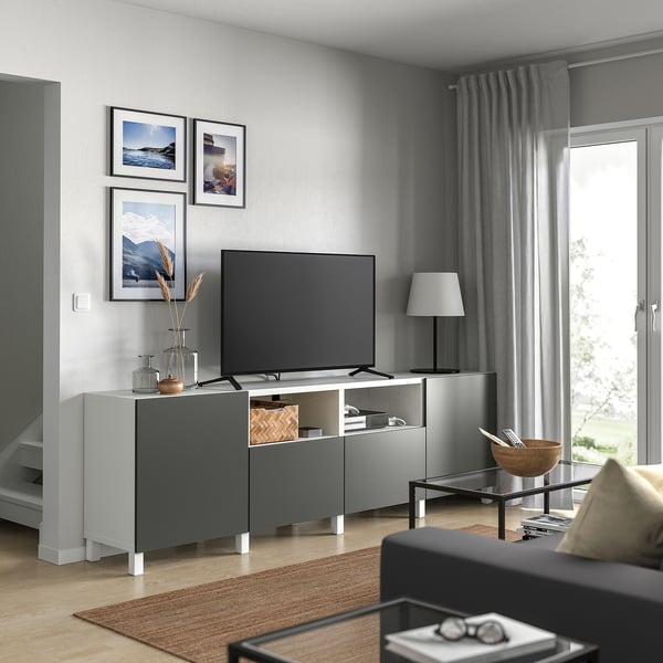 BESTÅ - BESTÅ TV bench with doors and drawers, white/Lappviken/Stubbarp dark grey, 240x42x74 cm