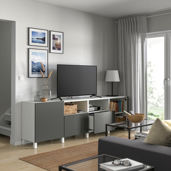BESTÅ TV bench with doors and drawers, white/Lappviken/Stubbarp dark grey, 240x42x74 cm