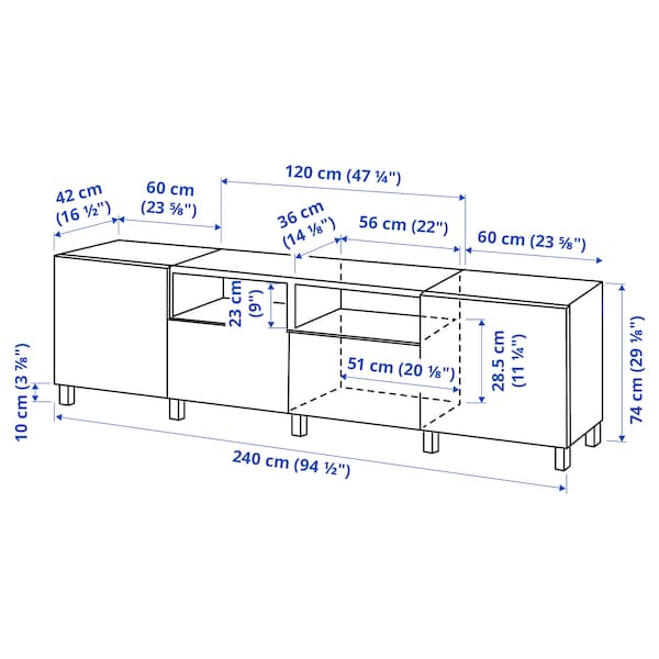 Ikea BESTÅ - TV bench with doors and drawers, white/Smeviken/Kabbarp white, 240x42x74 cm