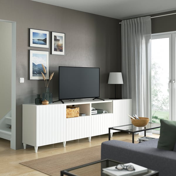 BESTÅ - BESTÅ TV bench with doors and drawers, white/Sutterviken/Kabbarp white, 240x42x74 cm