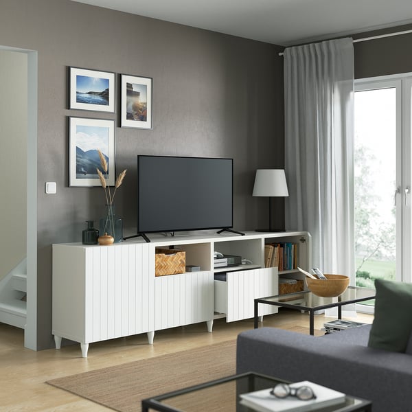 BESTÅ TV bench with doors and drawers, white/Sutterviken/Kabbarp white, 240x42x74 cm