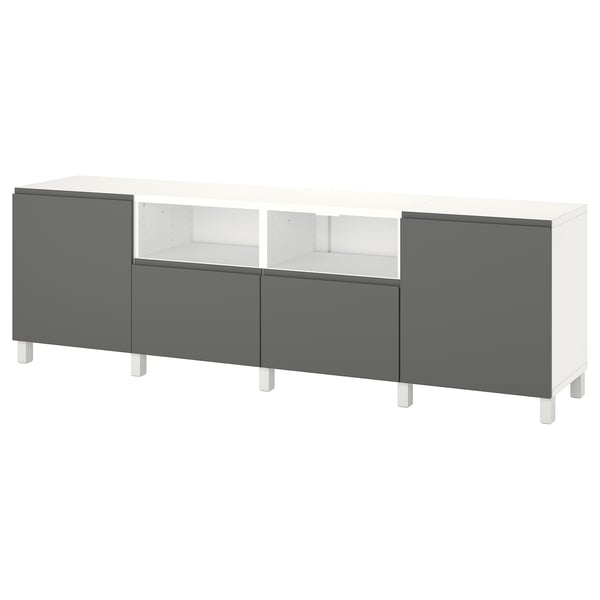 BESTÅ - BESTÅ TV bench with doors and drawers, white/Västerviken/Stubbarp dark grey, 240x42x74 cm