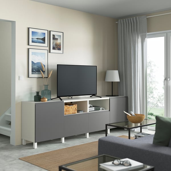 BESTÅ - BESTÅ TV bench with doors and drawers, white/Västerviken/Stubbarp dark grey, 240x42x74 cm