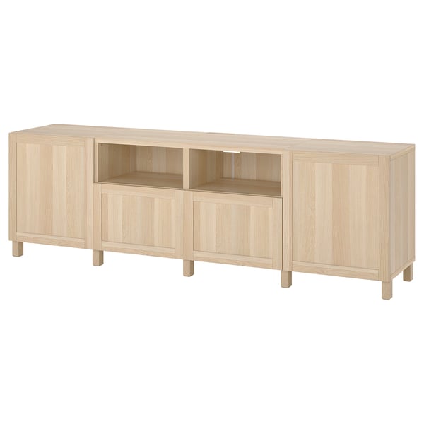 BESTÅ TV bench with doors and drawers, white stained oak effect/Hanviken/Stubbarp white stained oak effect, 240x42x74 cm