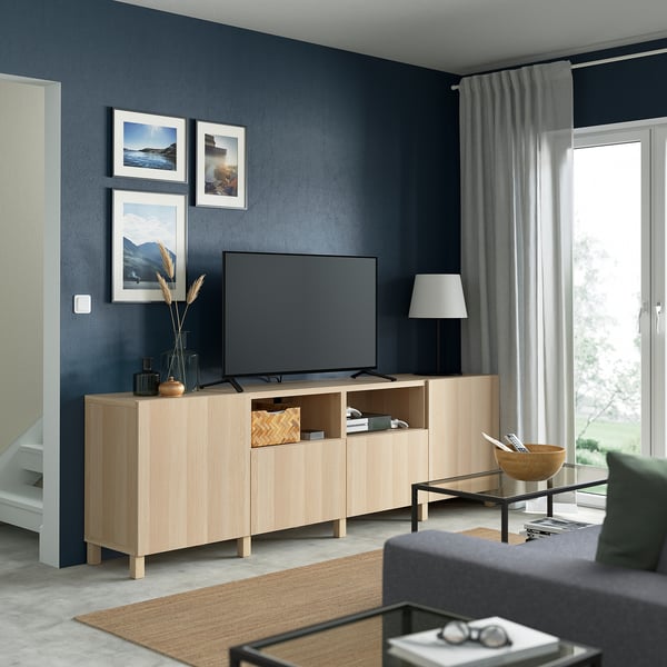 BESTÅ - BESTÅ TV bench with doors and drawers, white stained oak effect/Lappviken/Stubbarp white stained oak effect, 240x42x74 cm