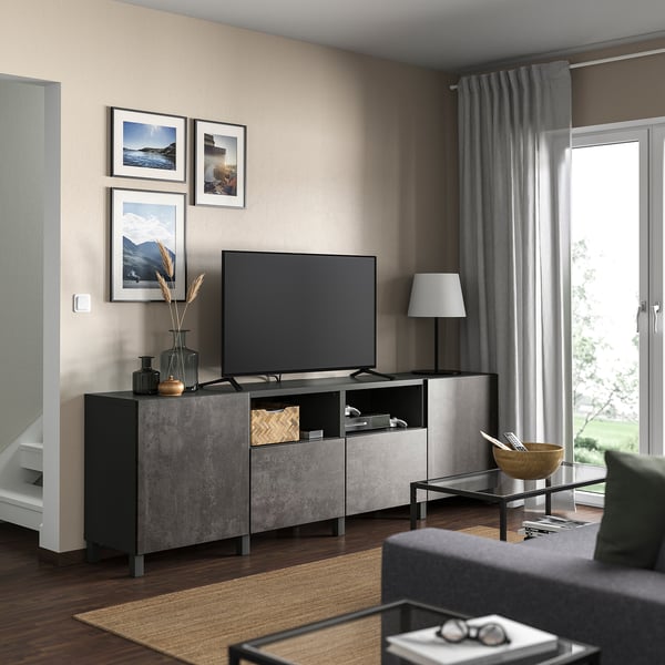 BESTÅ TV bench with doors and drawers, dark grey/Kallviken/Stubbarp dark grey, 240x42x74 cm