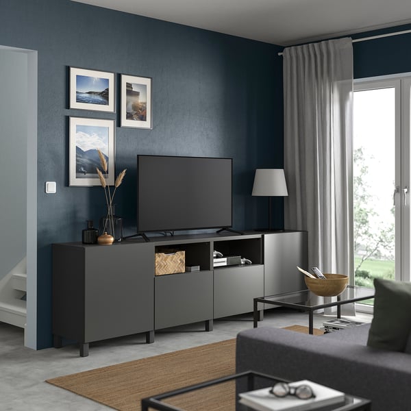 BESTÅ - BESTÅ TV bench with doors and drawers, dark grey/Lappviken/Stubbarp dark grey, 240x42x74 cm