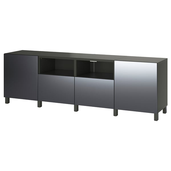 BESTÅ TV bench with doors and drawers, dark grey/Riksviken/Stubbarp brushed dark pewter effect, 240x42x74 cm