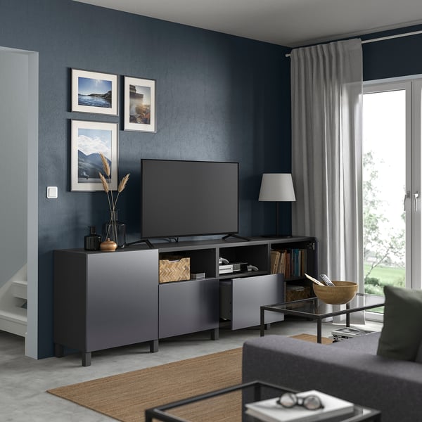 BESTÅ TV bench with doors and drawers, dark grey/Riksviken/Stubbarp brushed dark pewter effect, 240x42x74 cm