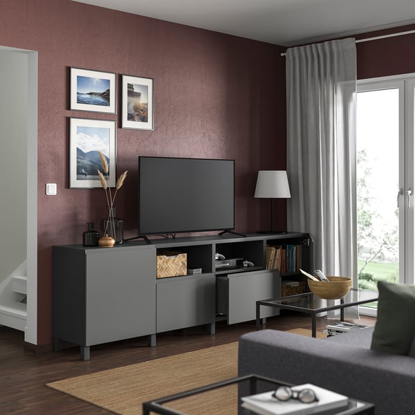 BESTÅ - BESTÅ TV bench with doors and drawers, dark grey/Västerviken/Stubbarp dark grey, 240x42x74 cm