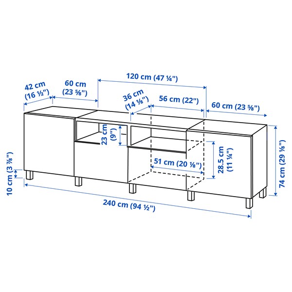 BESTÅ - TV bench with doors and drawers, black-brown/Hammarsmed/Stubbarp anthracite, 240x42x74 cm