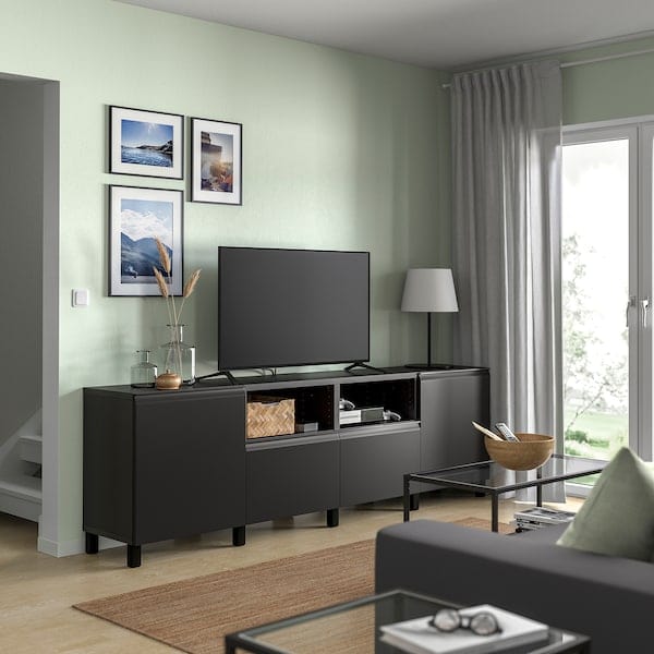 Ikea BESTÅ - TV bench with doors and drawers, black-brown/Hammarsmed/Stubbarp anthracite, 240x42x74 cm
