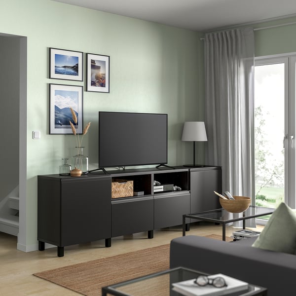 BESTÅ TV bench with doors and drawers, black-brown/Hammarsmed/Stubbarp anthracite, 240x42x74 cm