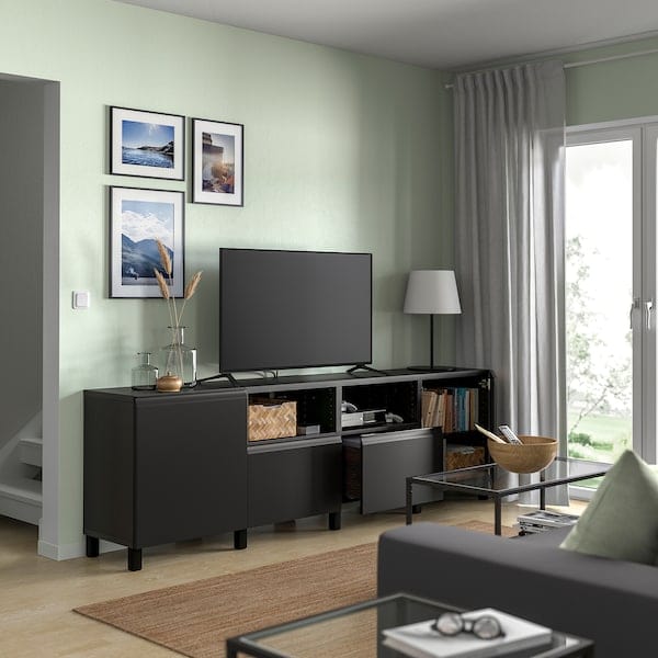 Ikea BESTÅ - TV bench with doors and drawers, black-brown/Hammarsmed/Stubbarp anthracite, 240x42x74 cm