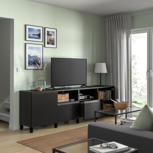 BESTÅ TV bench with doors and drawers, Width: 240 cmDepth: 42 cmHeight: 74 cmMaximum load/drawer: 10 kgMaximum load/shelf: 20 kgDrawer width (internal): 51 cmDrawer depth (internal): 32.5 cmMaximum TV weight: 16 kg