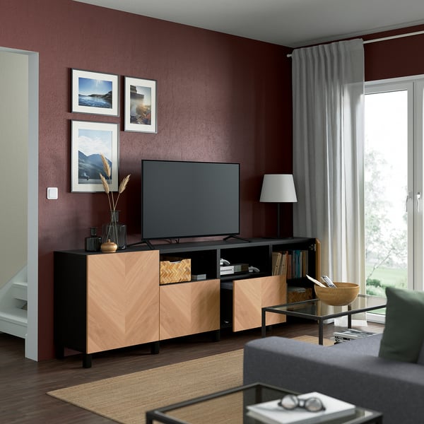 BESTÅ - BESTÅ TV bench with doors and drawers, black-brown/Hedeviken/Stubbarp oak veneer, 240x42x74 cm