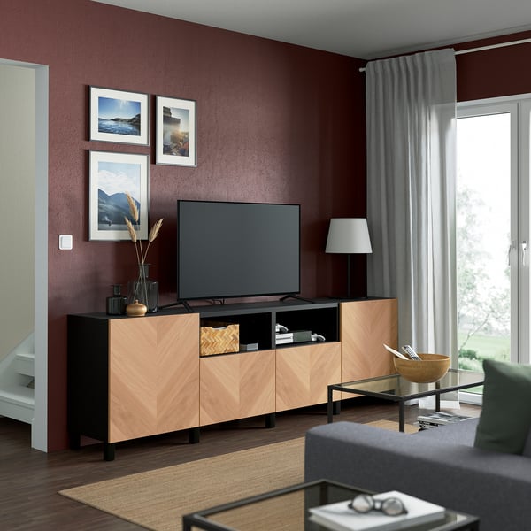 BESTÅ - BESTÅ TV bench with doors and drawers, black-brown/Hedeviken/Stubbarp oak veneer, 240x42x74 cm