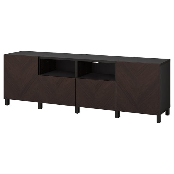 BESTÅ - BESTÅ TV bench with doors and drawers, black-brown Hedeviken/Stubbarp/dark brown stained oak veneer, 240x42x74 cm