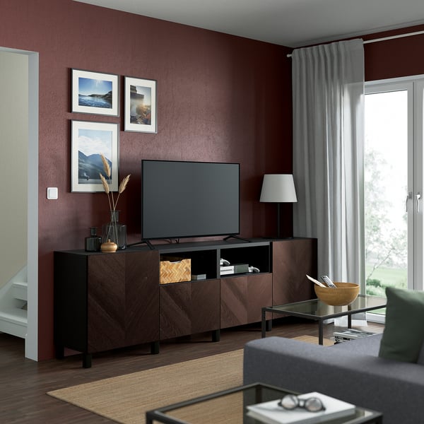 BESTÅ - BESTÅ TV bench with doors and drawers, black-brown Hedeviken/Stubbarp/dark brown stained oak veneer, 240x42x74 cm
