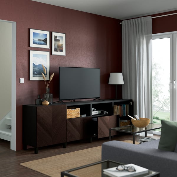 BESTÅ - BESTÅ TV bench with doors and drawers, black-brown Hedeviken/Stubbarp/dark brown stained oak veneer, 240x42x74 cm