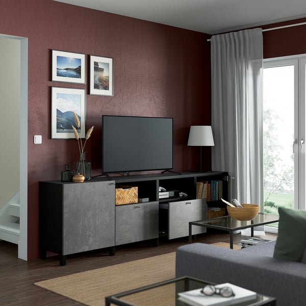 BESTÅ TV bench with doors and drawers, black-brown/Kallviken/Stubbarp dark grey, 240x42x74 cm