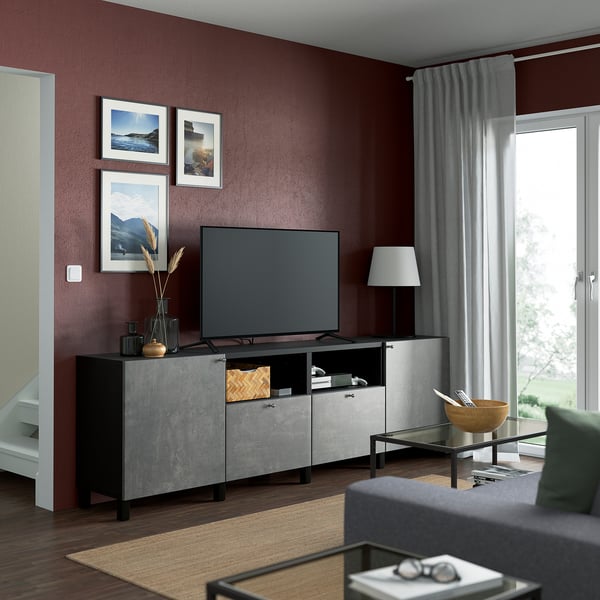 BESTÅ - BESTÅ TV bench with doors and drawers, black-brown/Kallviken/Stubbarp dark grey, 240x42x74 cm