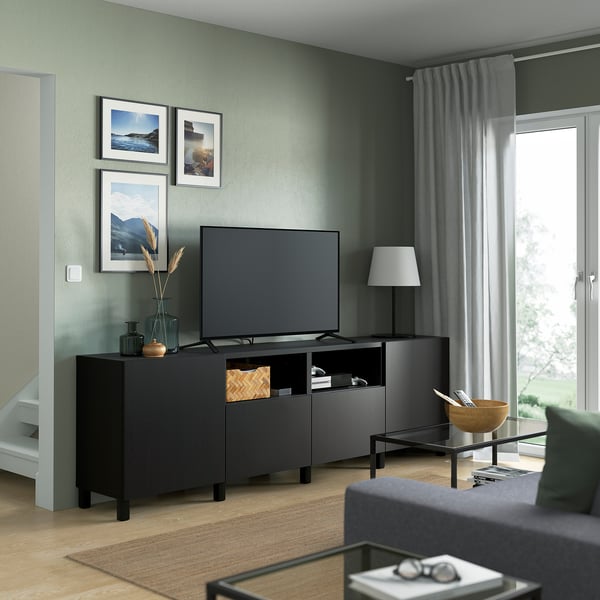 BESTÅ TV bench with doors and drawers, black-brown/Lappviken/Stubbarp black-brown, 240x42x74 cm