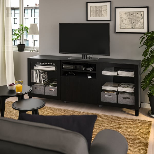 BESTÅ - BESTÅ TV bench with doors and drawers, black-brown/Lappviken/Stubbarp Sindvik, 180x42x74 cm