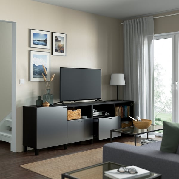 BESTÅ - BESTÅ TV bench with doors and drawers, black-brown/Riksviken/Stubbarp brushed dark pewter effect, 240x42x74 cm