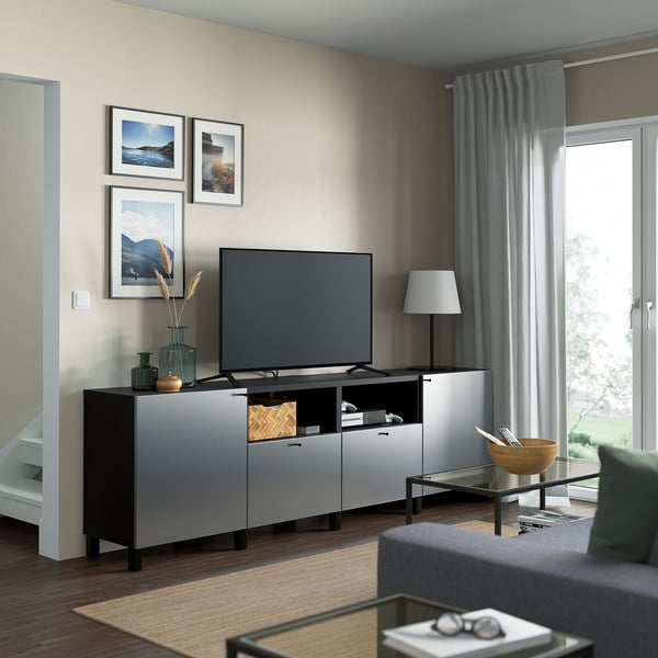 BESTÅ - BESTÅ TV bench with doors and drawers, black-brown/Riksviken/Stubbarp brushed dark pewter effect, 240x42x74 cm
