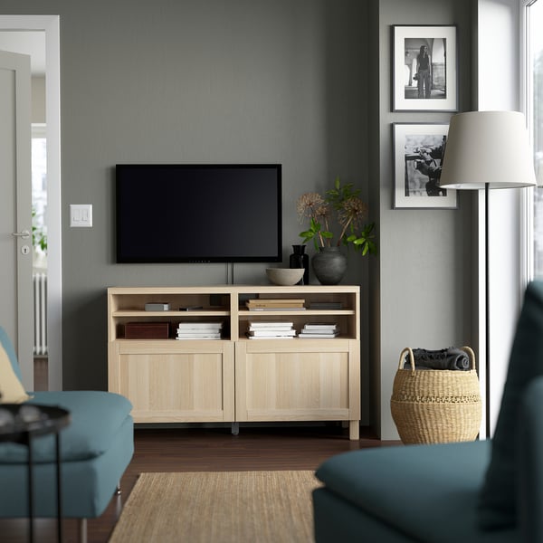 BESTÅ TV bench with doors, white stained oak effect/Hanviken/Stubbarp white stained oak effect, 120x42x74 cm