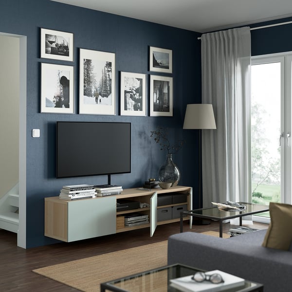 BESTÅ TV bench with doors, white stained oak effect/Hjortviken/Stubbarp pale grey-green, 180x42x38 cm