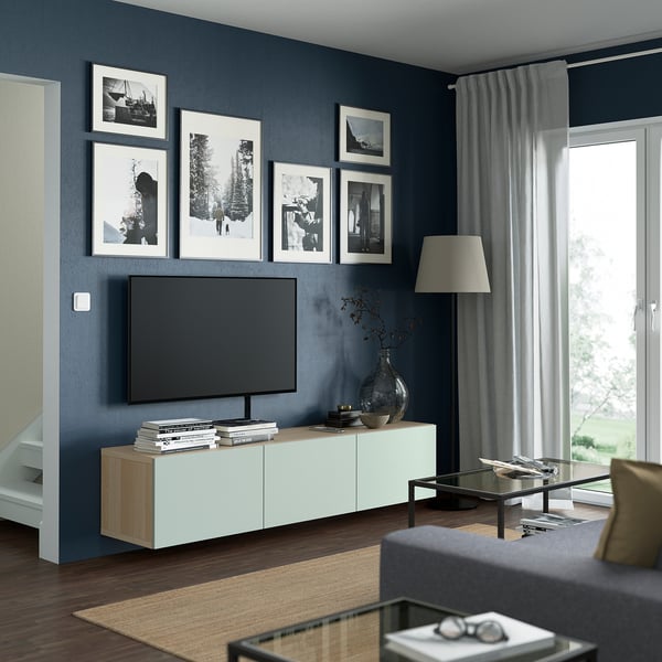 BESTÅ TV bench with doors, white stained oak effect/Hjortviken/Stubbarp pale grey-green, 180x42x38 cm