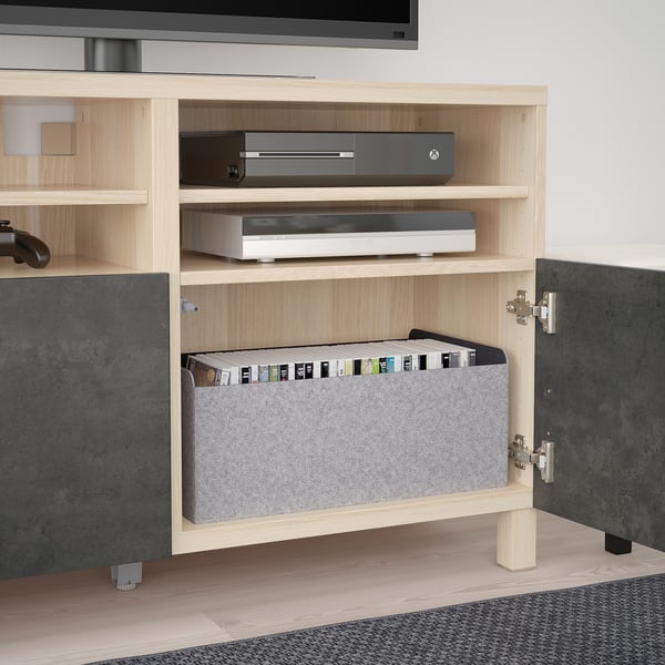 BESTÅ - BESTÅ TV bench with doors, white stained oak effect Kallviken/Stubbarp/dark grey concrete effect, 120x42x74 cm