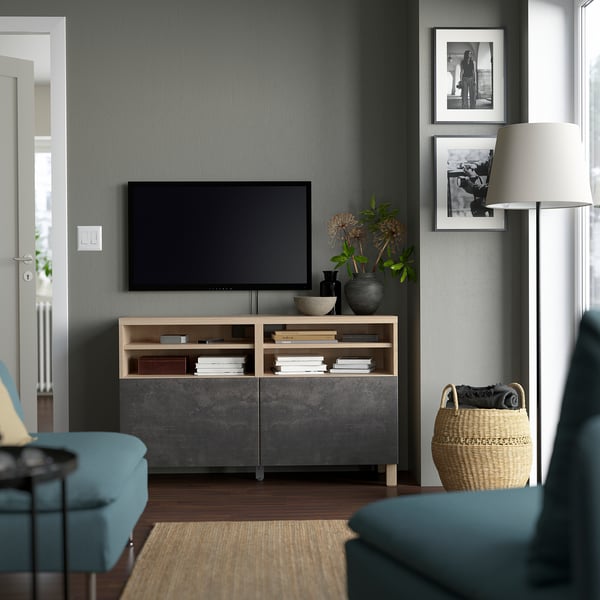 BESTÅ - BESTÅ TV bench with doors, white stained oak effect Kallviken/Stubbarp/dark grey concrete effect, 120x42x74 cm