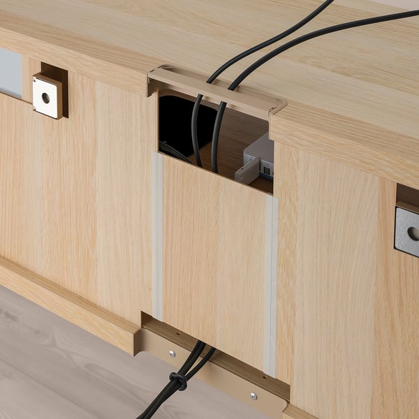 BESTÅ TV bench with doors, white stained oak effect/Krukmakare beige, 180x42x38 cm
