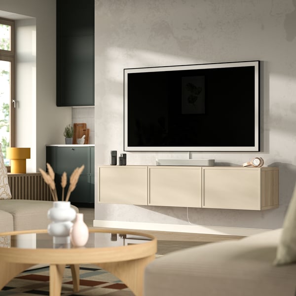 BESTÅ TV bench with doors, white stained oak effect/Krukmakare beige, 180x42x38 cm