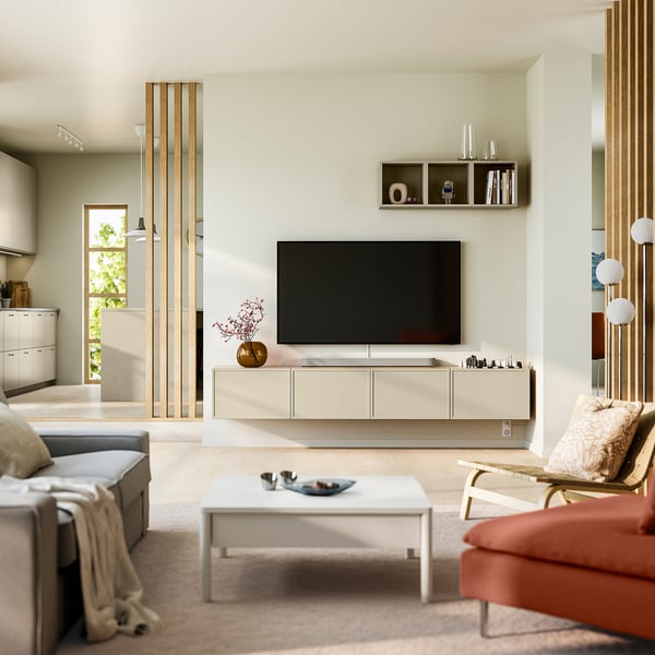 BESTÅ TV bench with doors, white stained oak effect/Krukmakare beige, 240x42x38 cm