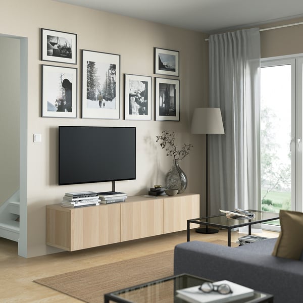 BESTÅ - BESTÅ TV bench with doors, white stained oak effect/Lappviken white stained oak effect, 180x42x38 cm
