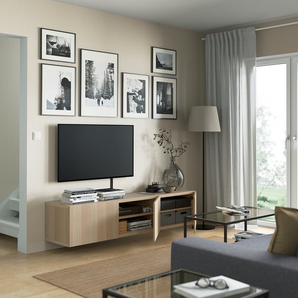 BESTÅ TV bench with doors, white stained oak effect/Lappviken white stained oak effect, 180x42x38 cm
