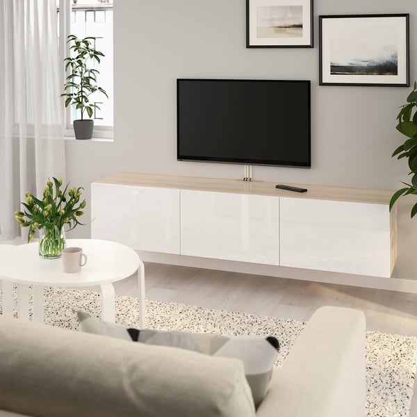 BESTÅ TV bench with doors, white stained oak effect/Selsviken high-gloss/white, 180x42x38 cm